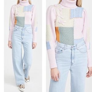 LoveShackFancy Pink Allan Floral Patchwork Knitted Turtleneck Sweater Size Small